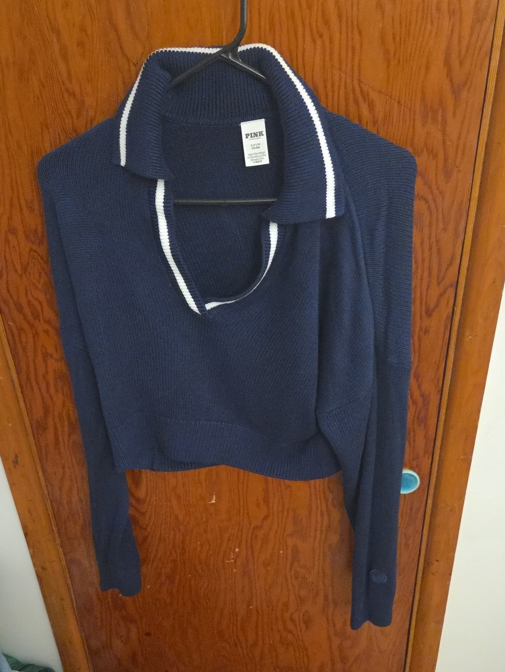 PINK Victoria's Secret Navy V-Neck Sweater with White Trim